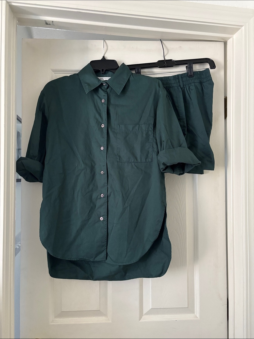 Zara Forest Green Cotton Button-Up Shirt and Shorts Set